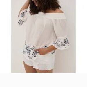 torrid White Off-Shoulder Blouse with Blue Floral Embroidery
